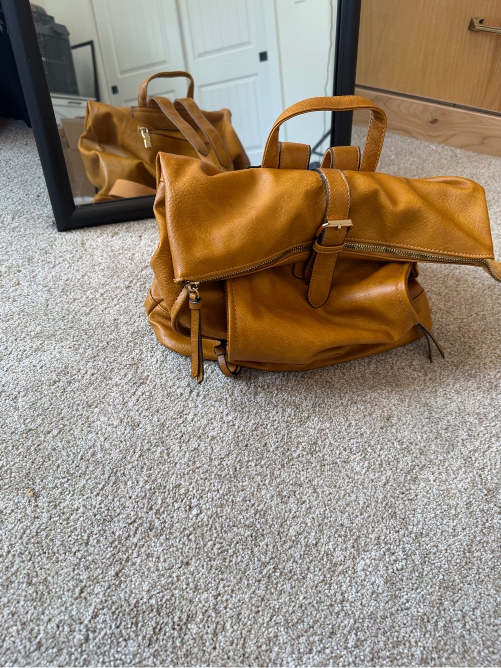 Camel Faux Leather Fold-Over Backpack/ Convertible Laptop Travel Bag.